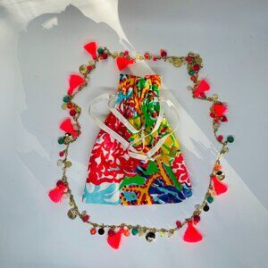 Lilly Pulitzer Confetti Tassel Beaded Beach Resort Gold Statement Necklace